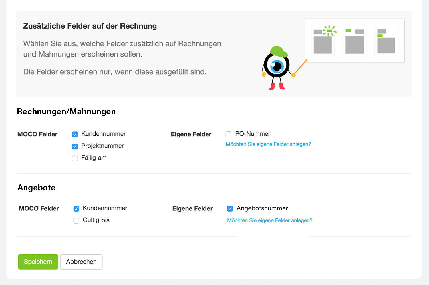 Einstellungen Layout Felder