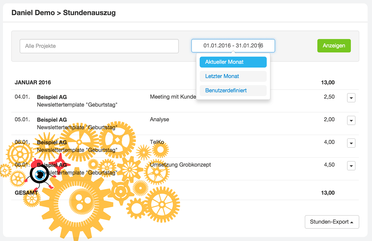 Zeiterfassung Stundenauszug mit date Range