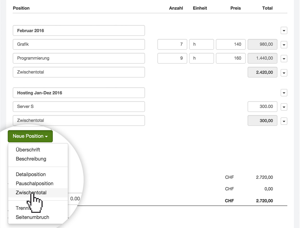 Zwischentotal bei Rechnungen und Angeboten