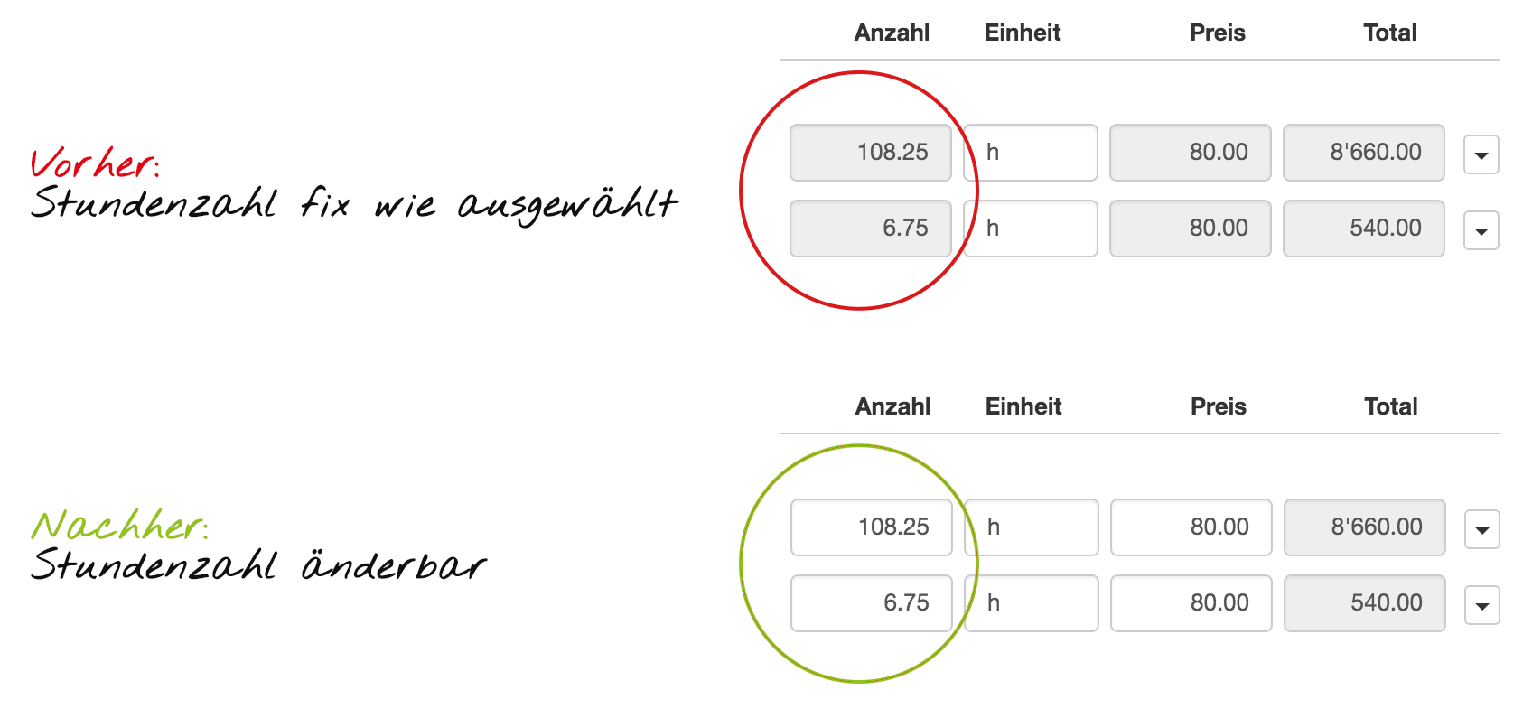 Rechnung änderbar nach Stundenauswahl