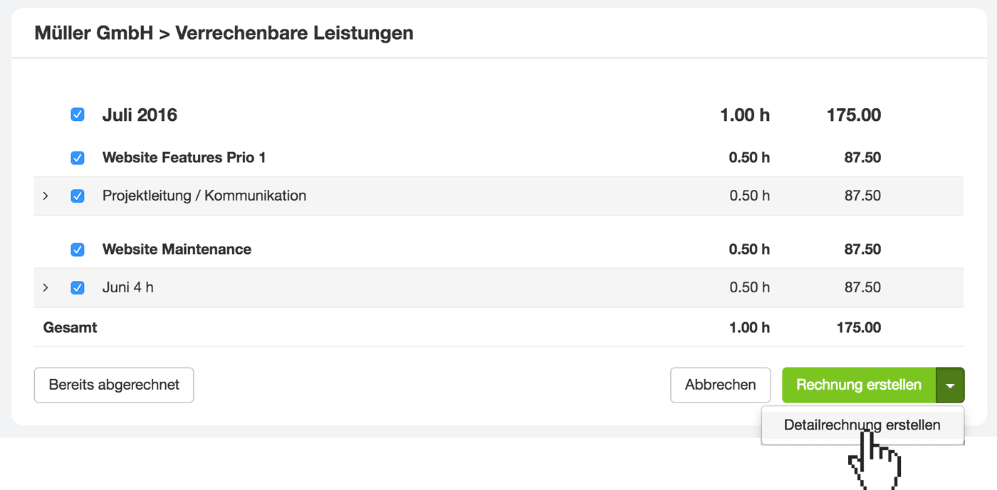 Detailabrechnung mehrerer Projekte auf Kundenebene