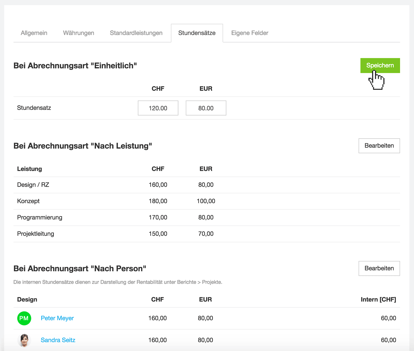 Voreinstellungen Stundensätze Agentursoftware