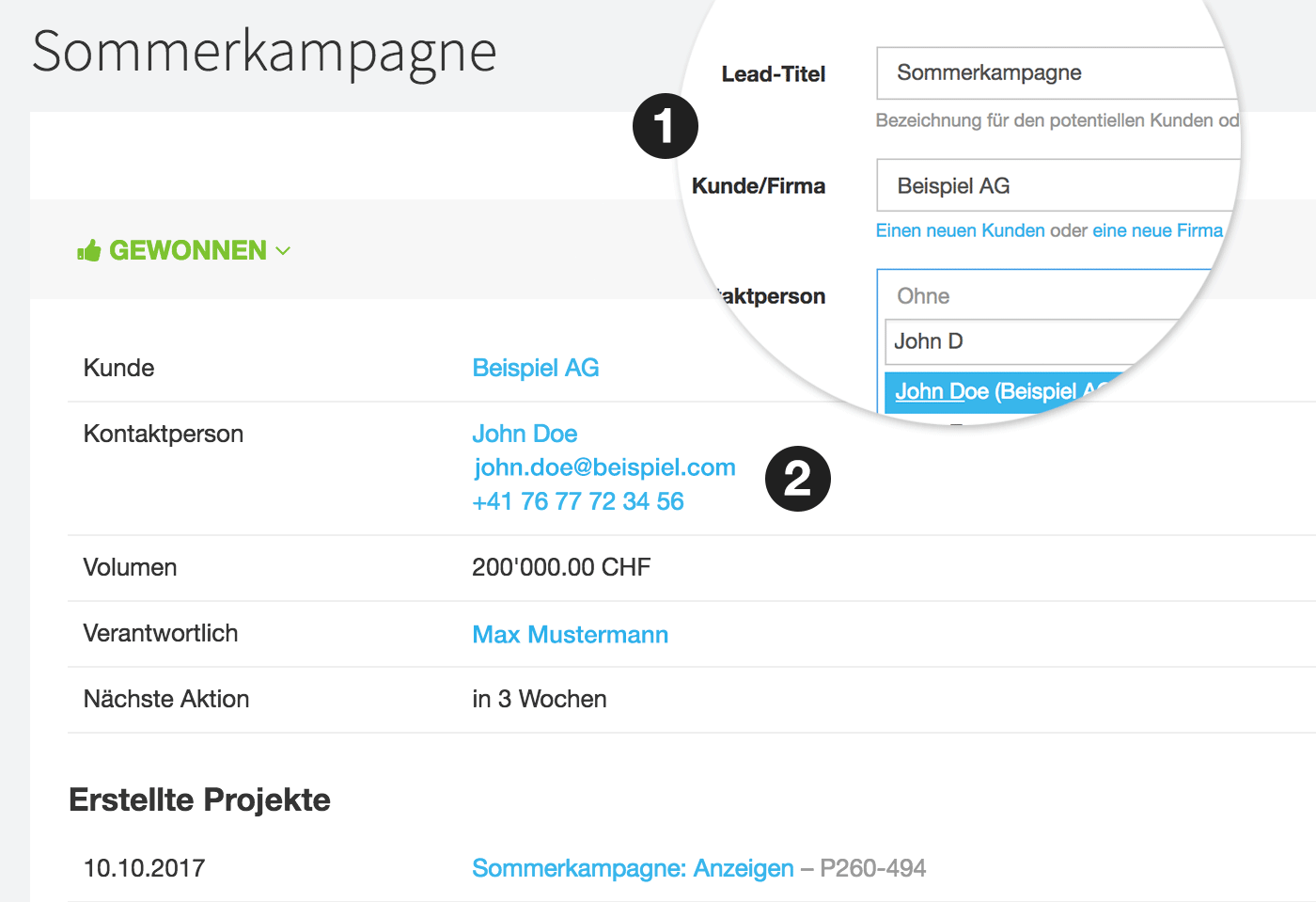 Einem Lead kann eine Firma, ein Kunde oder eine Person zugewiesen werden.