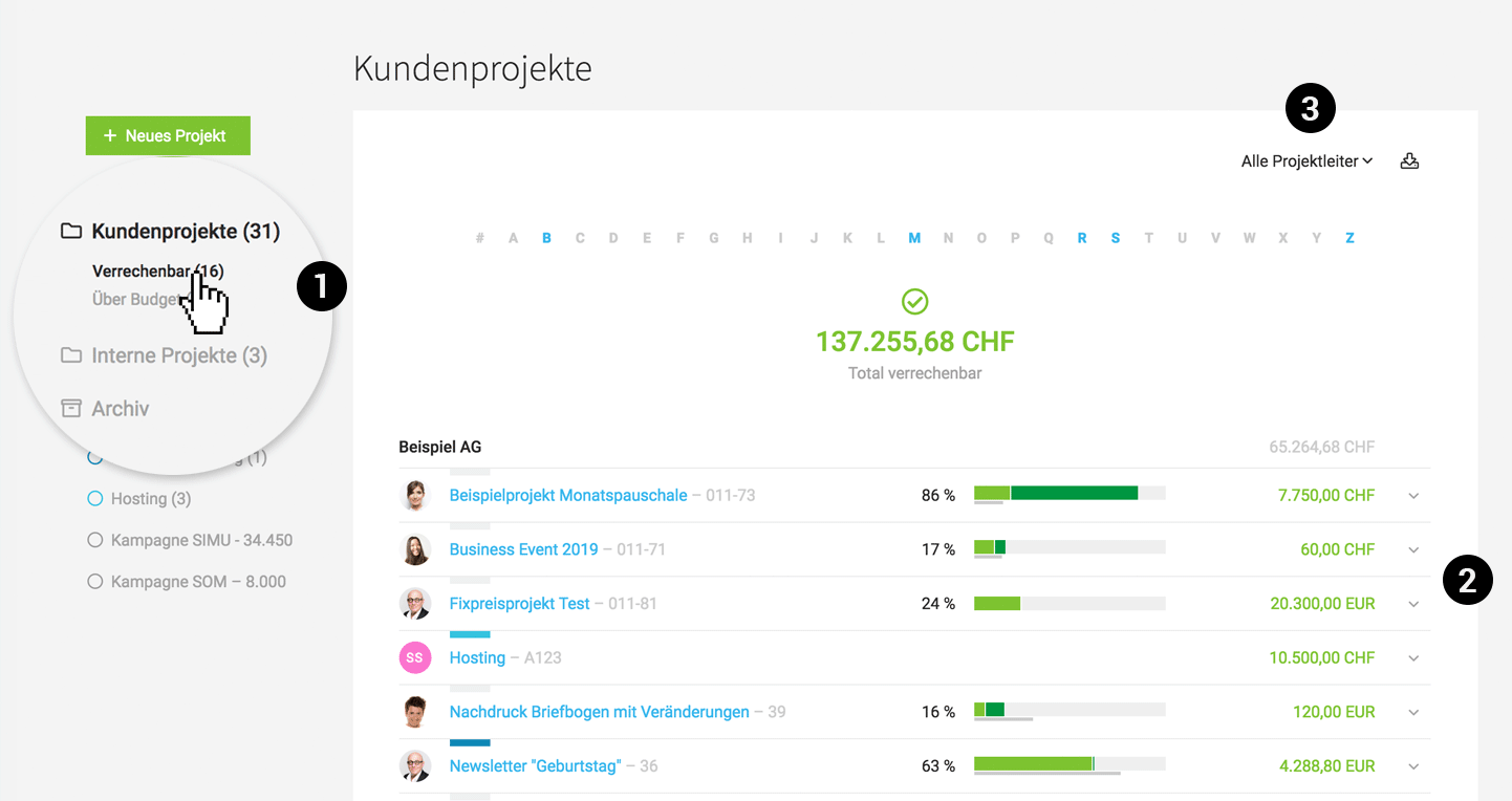 Filter "Verrechenbar" und "Über Budget" werden angezeigt wenn Projekte mit diesen Merkmalen gibt!