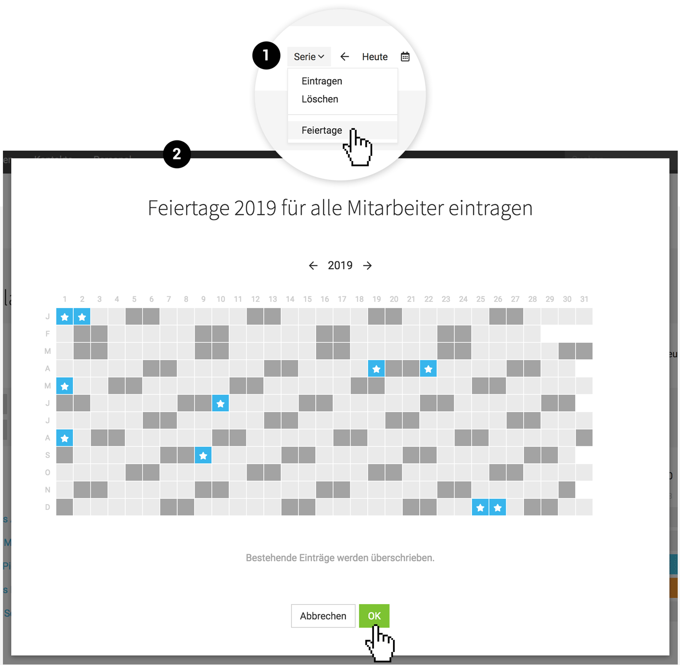 Feiertage für die ganze Firma gesammelt eintragen