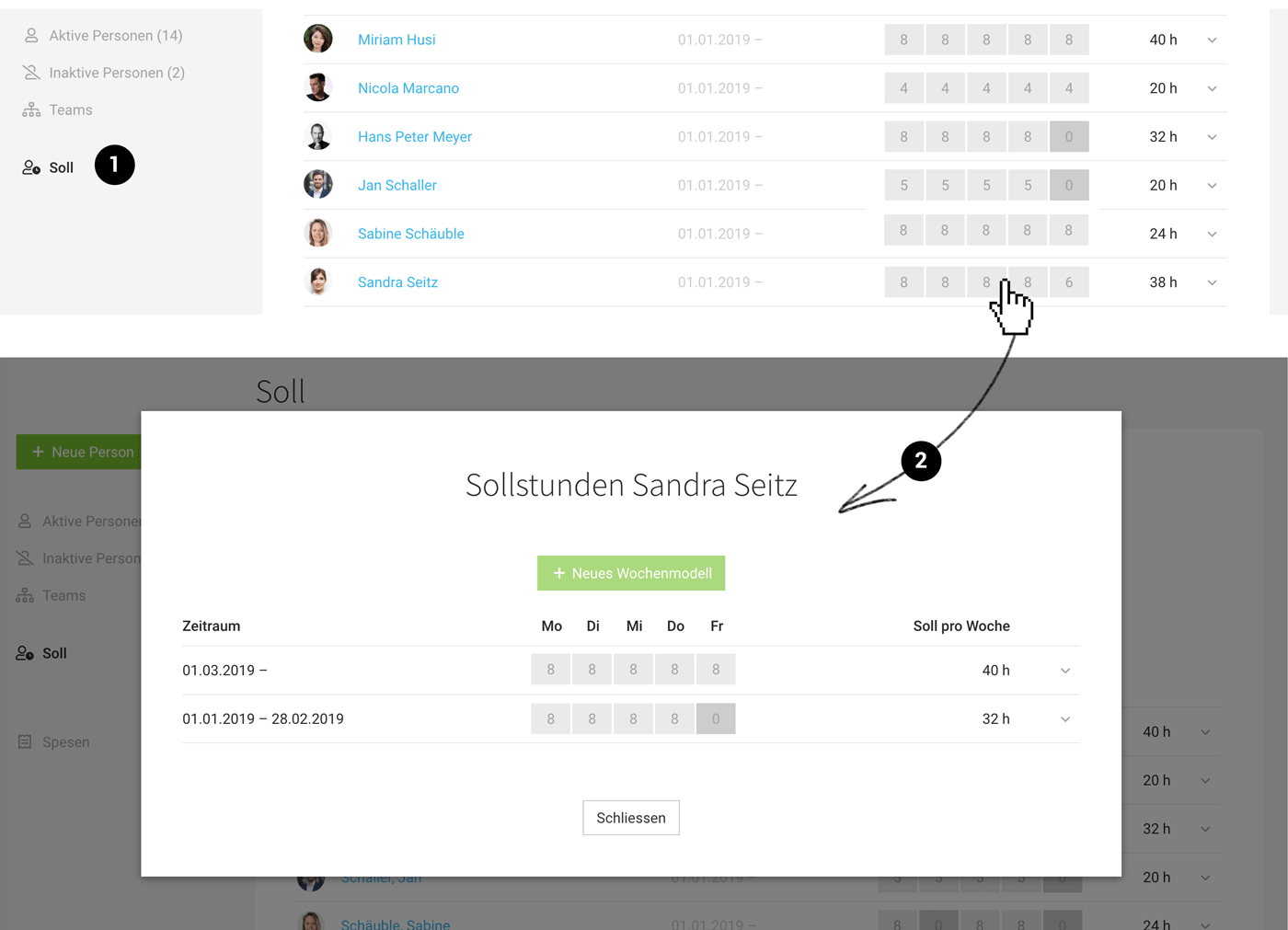 Sollstunden Wochenmodell MOCO Agentursoftware