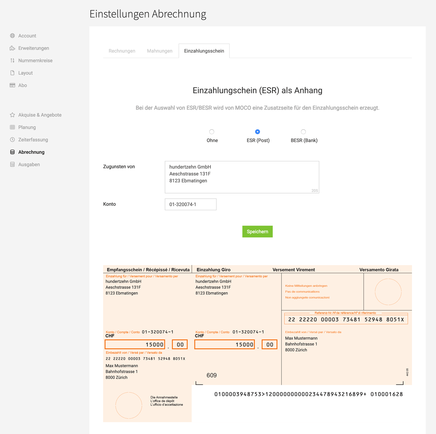ESR Einzahlungsschein Rechnungen MOCO