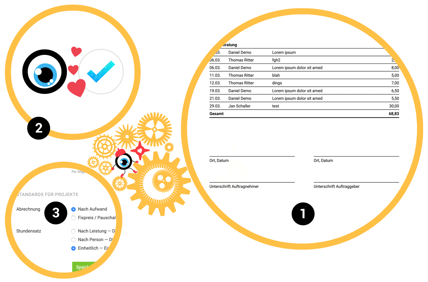 Meistertask und MOCO arbeiten zusammen. Unterschrift Stundenauszüge