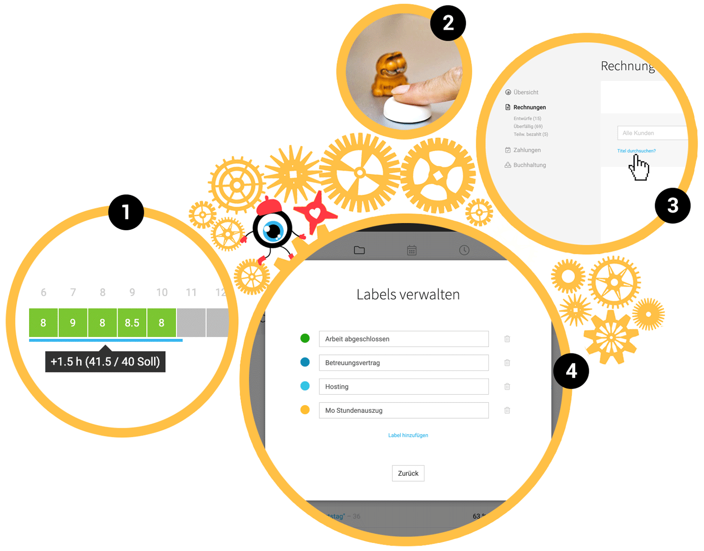 Arbeitszeiterfassung über Button, Rechnungen filtern, Labelverwaltung inline etc.