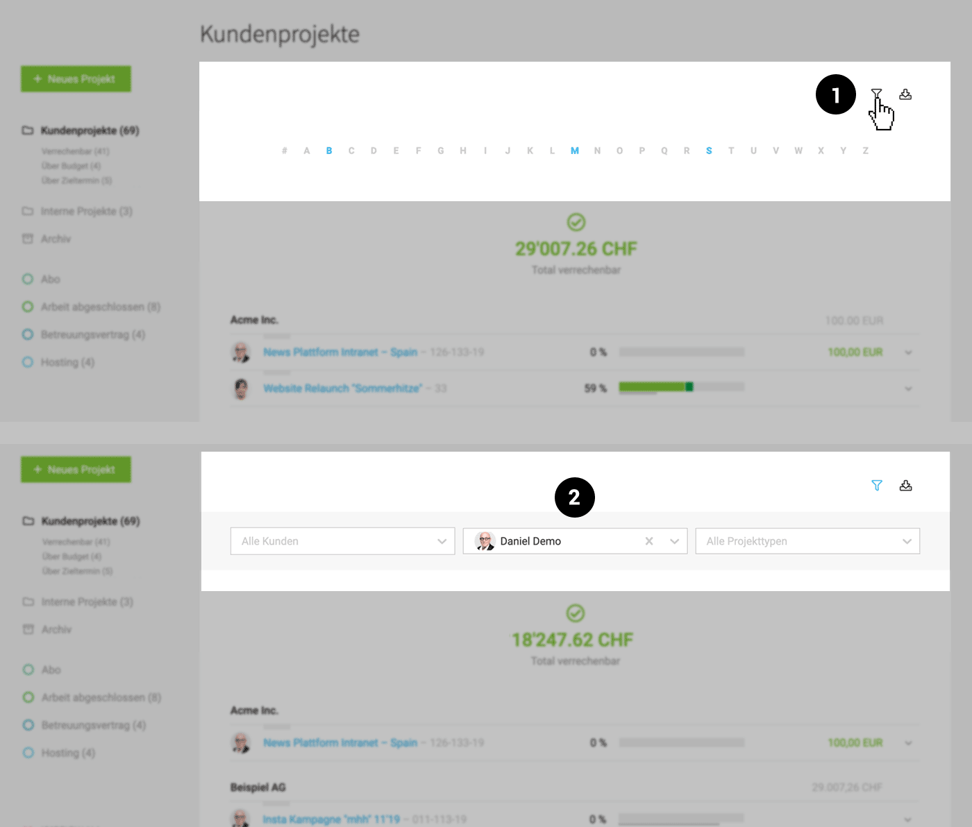 Projektmanagement: Filterung von Projekten 