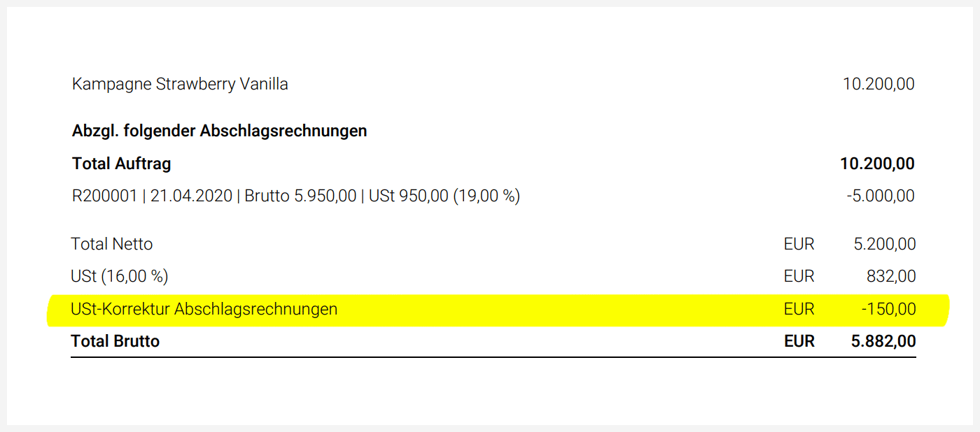 MWST Korrektur auf der Schlussrechnung