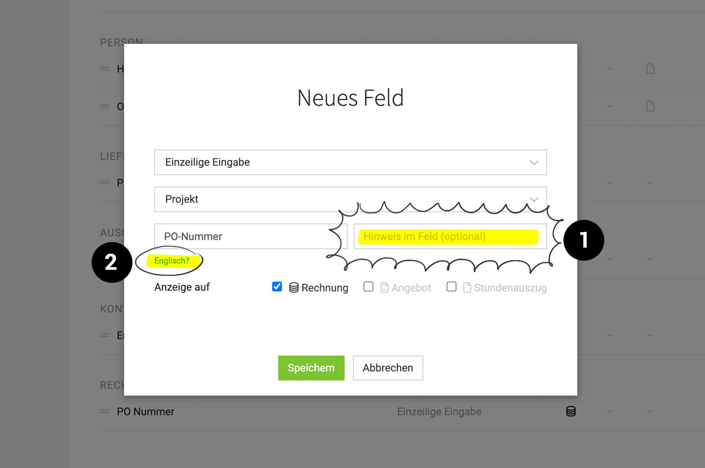 Eigene Felder Optionen