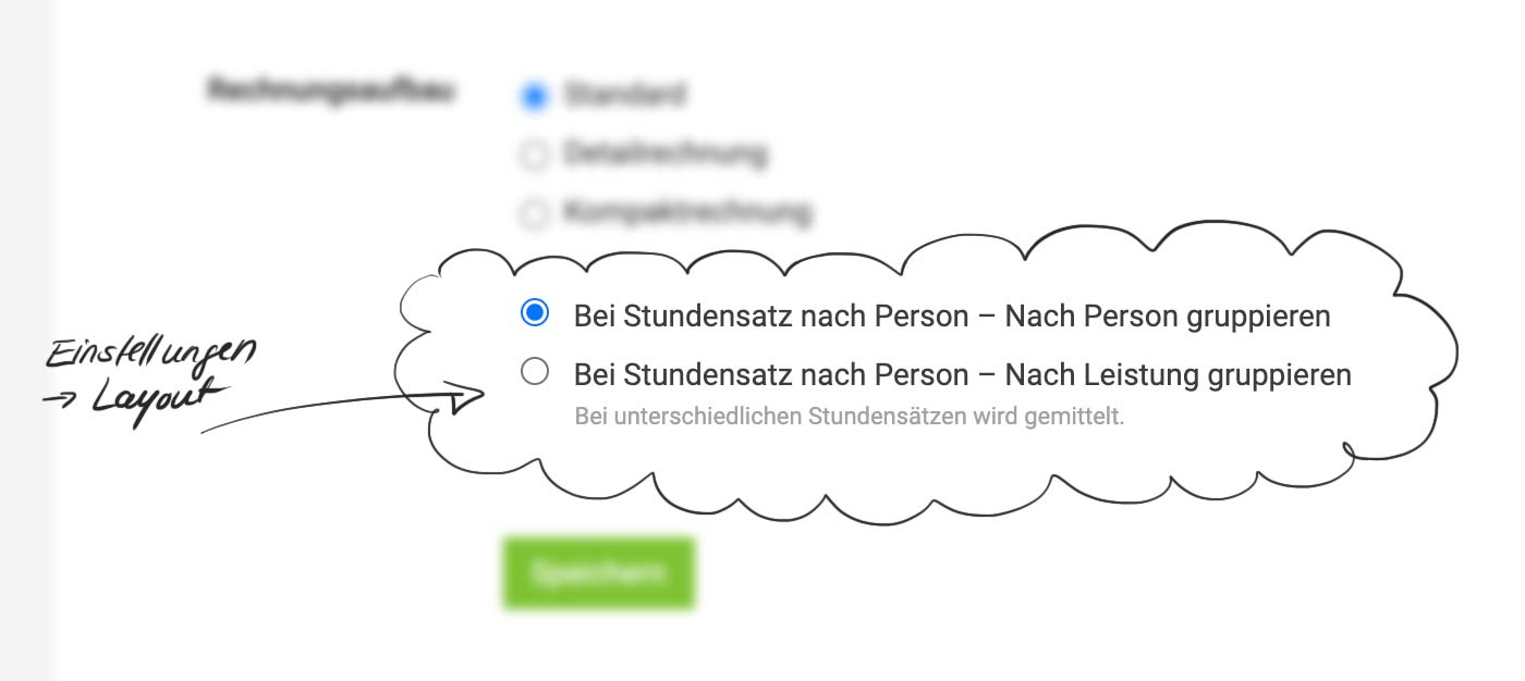 Einstellungen zum Rechnungsaufbau mit Stundensatz nach Person