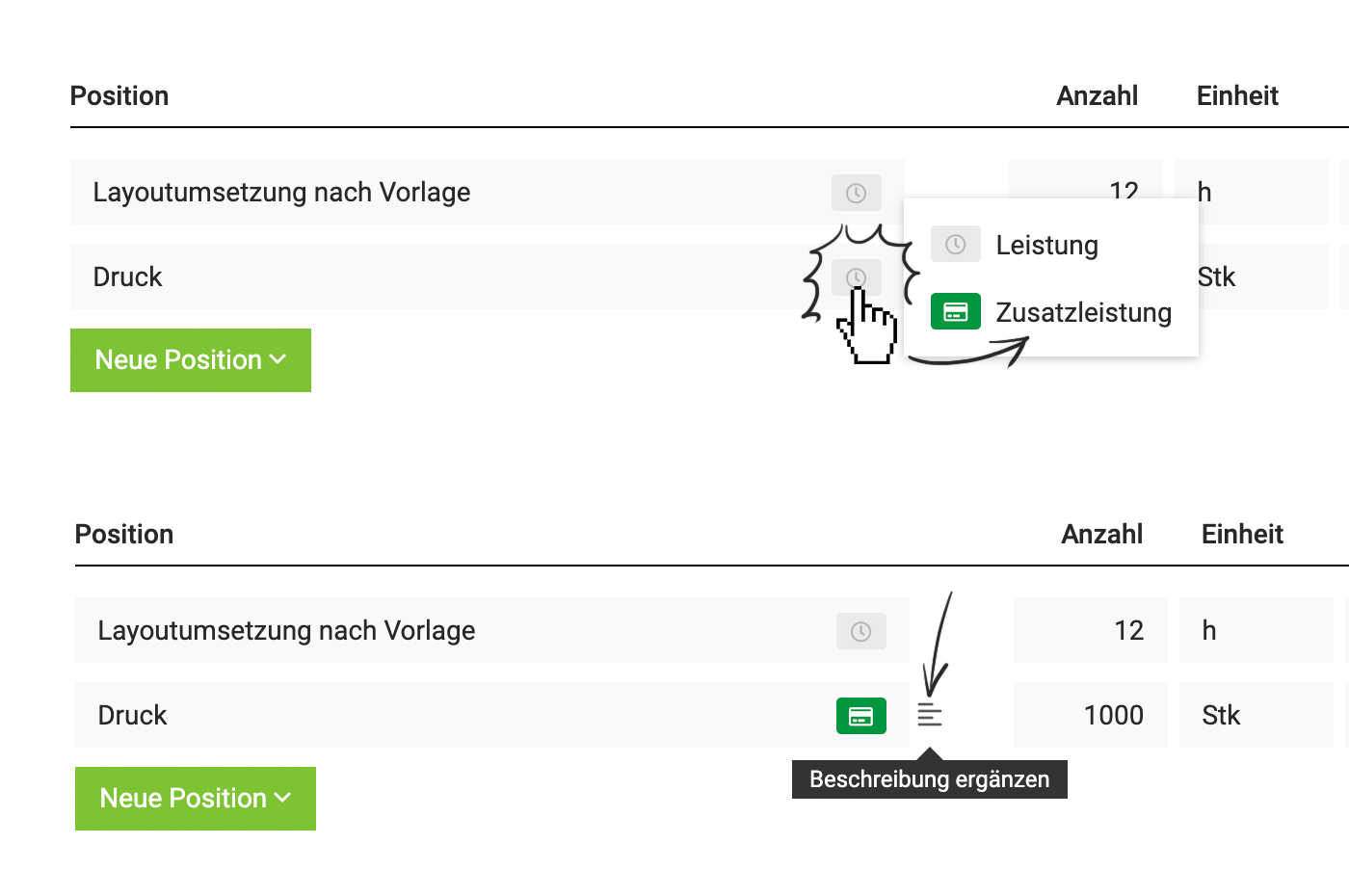 Leistungen für Angebote und Rechnungen