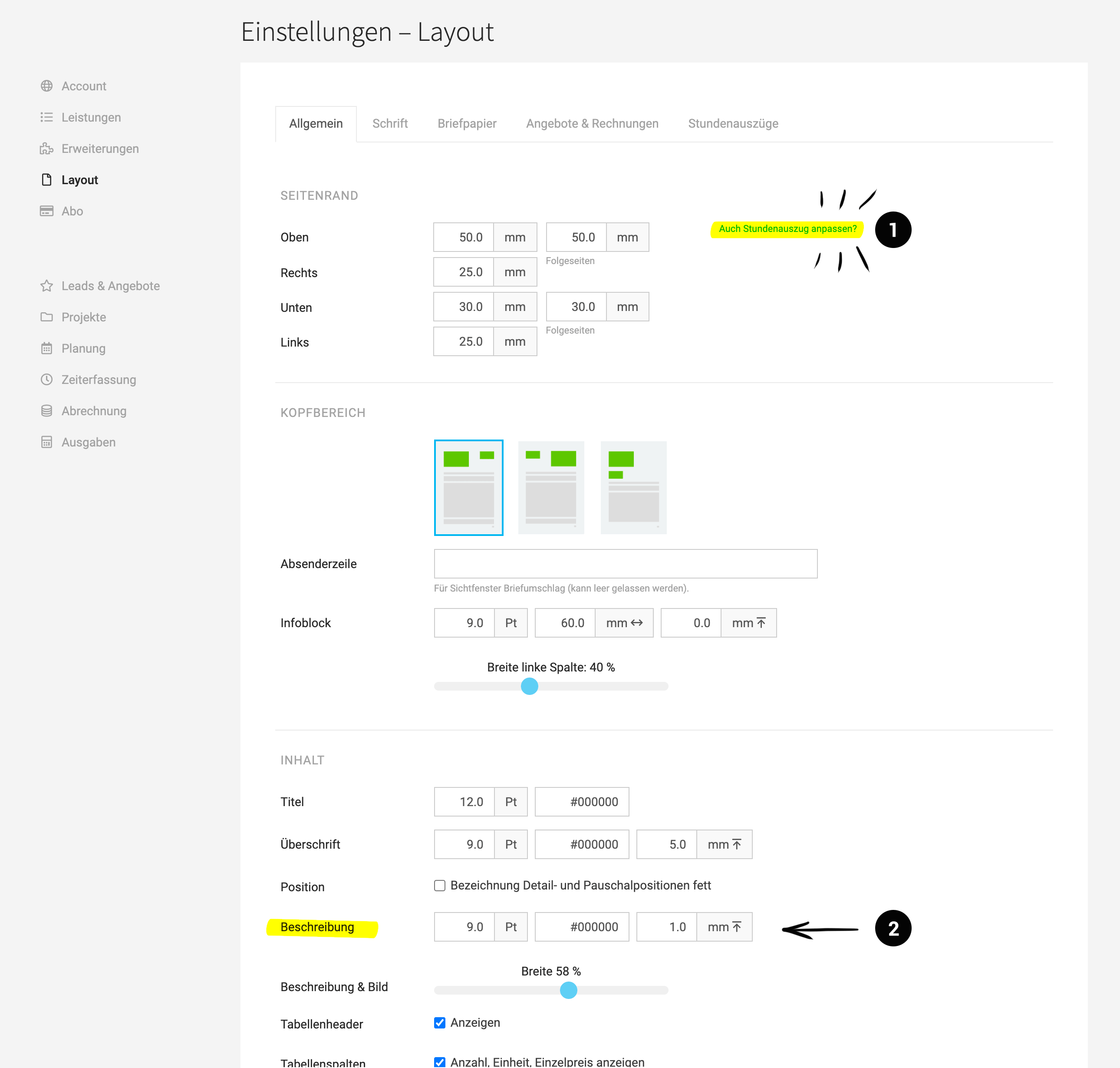 Design bzw. Layout-Einstellungen in MOCO