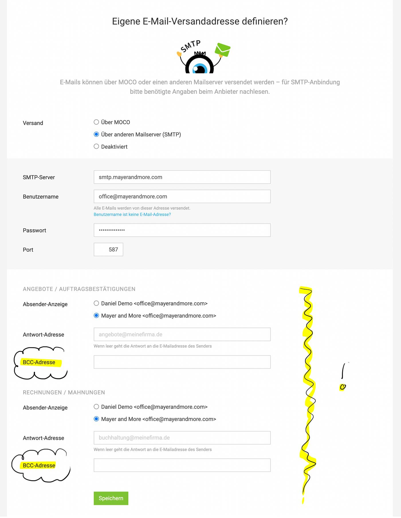 E-Mail-Einstellungen MOCO