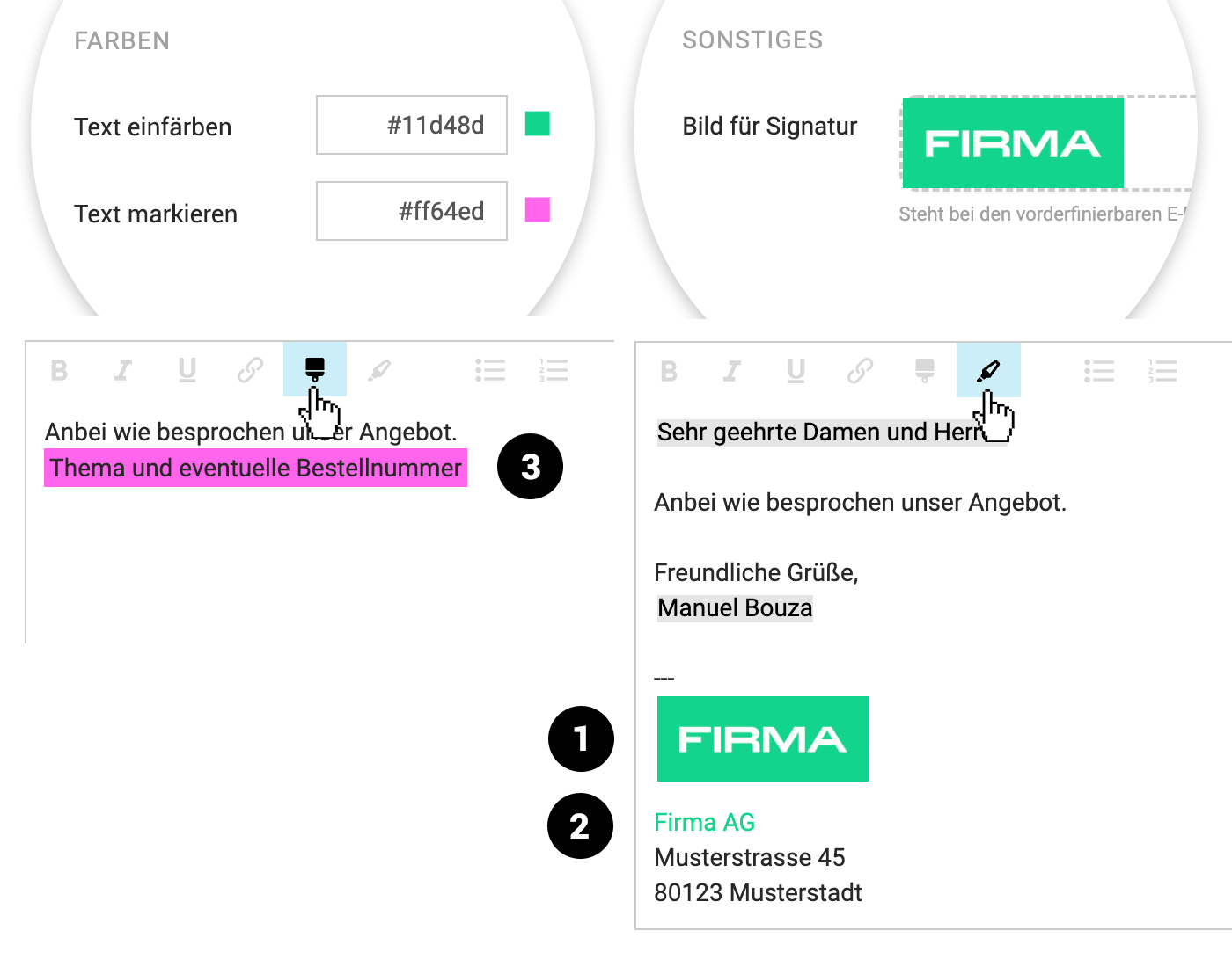 Logo für E-Mail-Signatur, Texte einfärben, markieren & Links hinterlegen