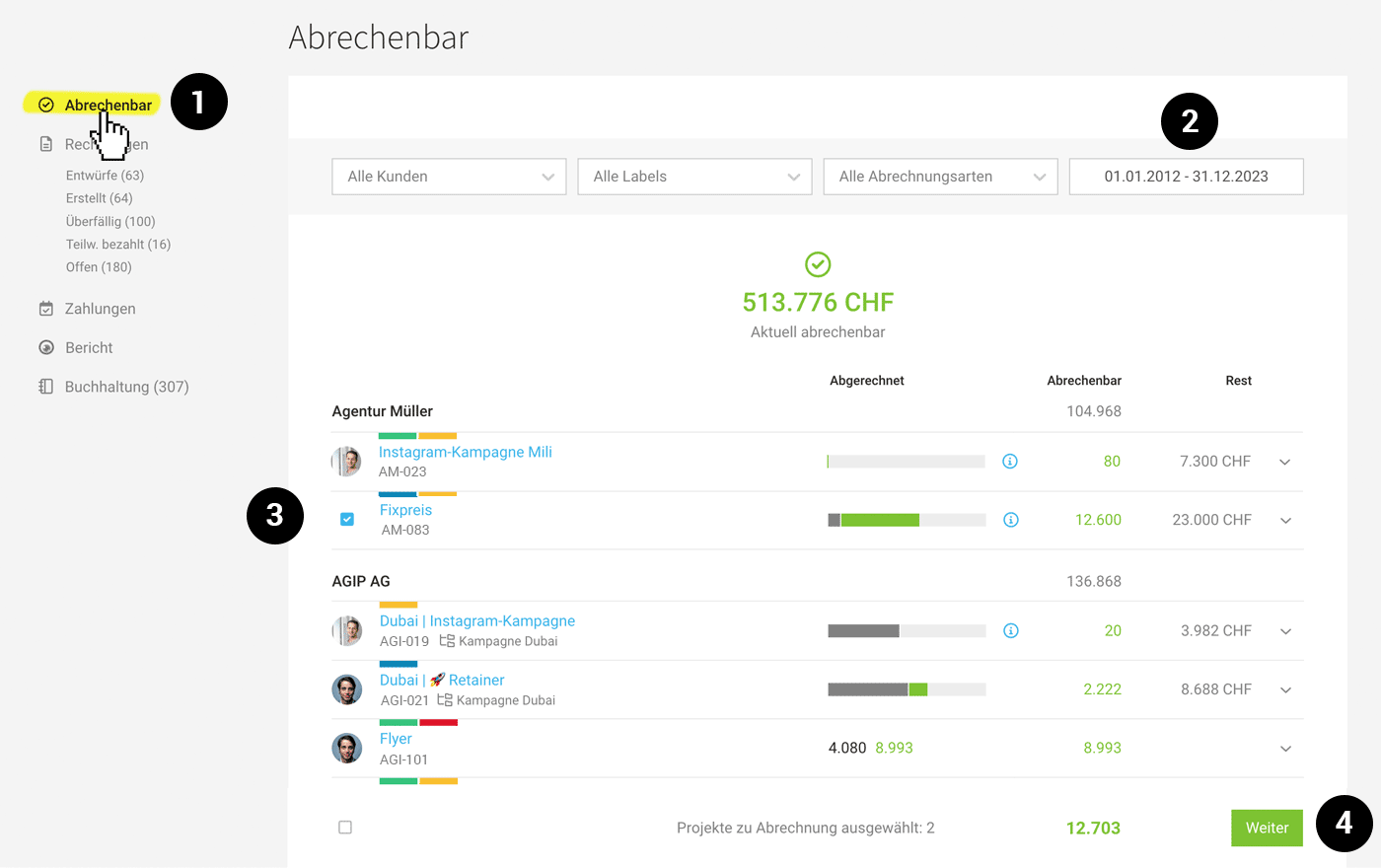 Abrechnungsübersicht für Projekte