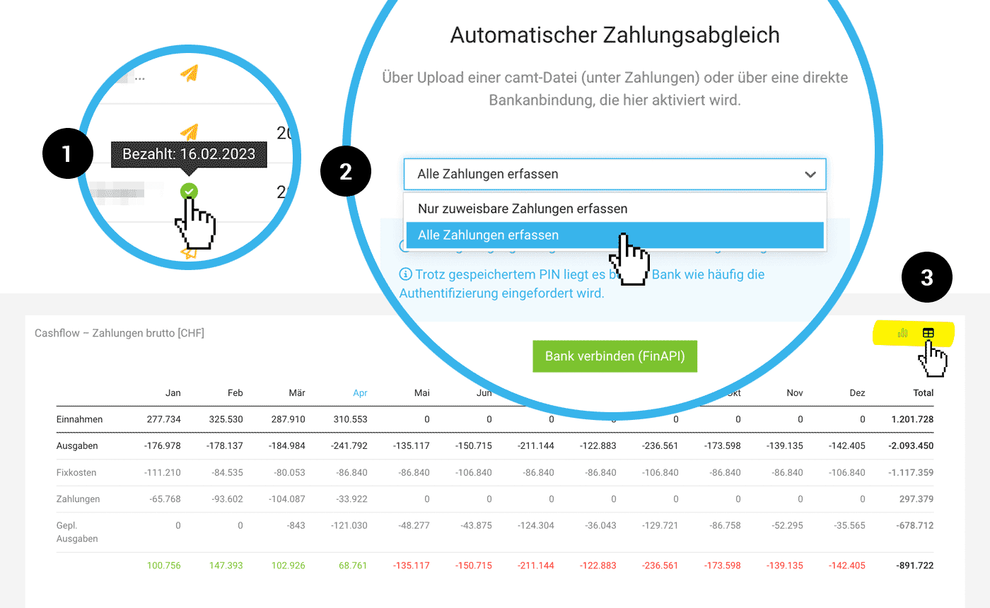 Cashflow Tabelle und Zahlungen in MOCO