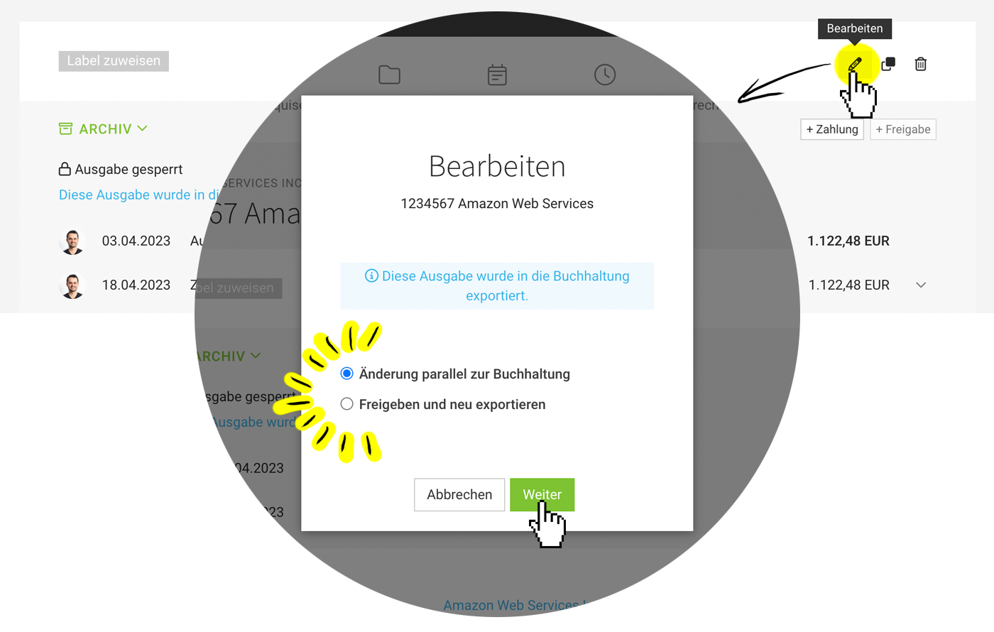 Ausgaben nachträglich aus Buchhaltungs-Export freigeben