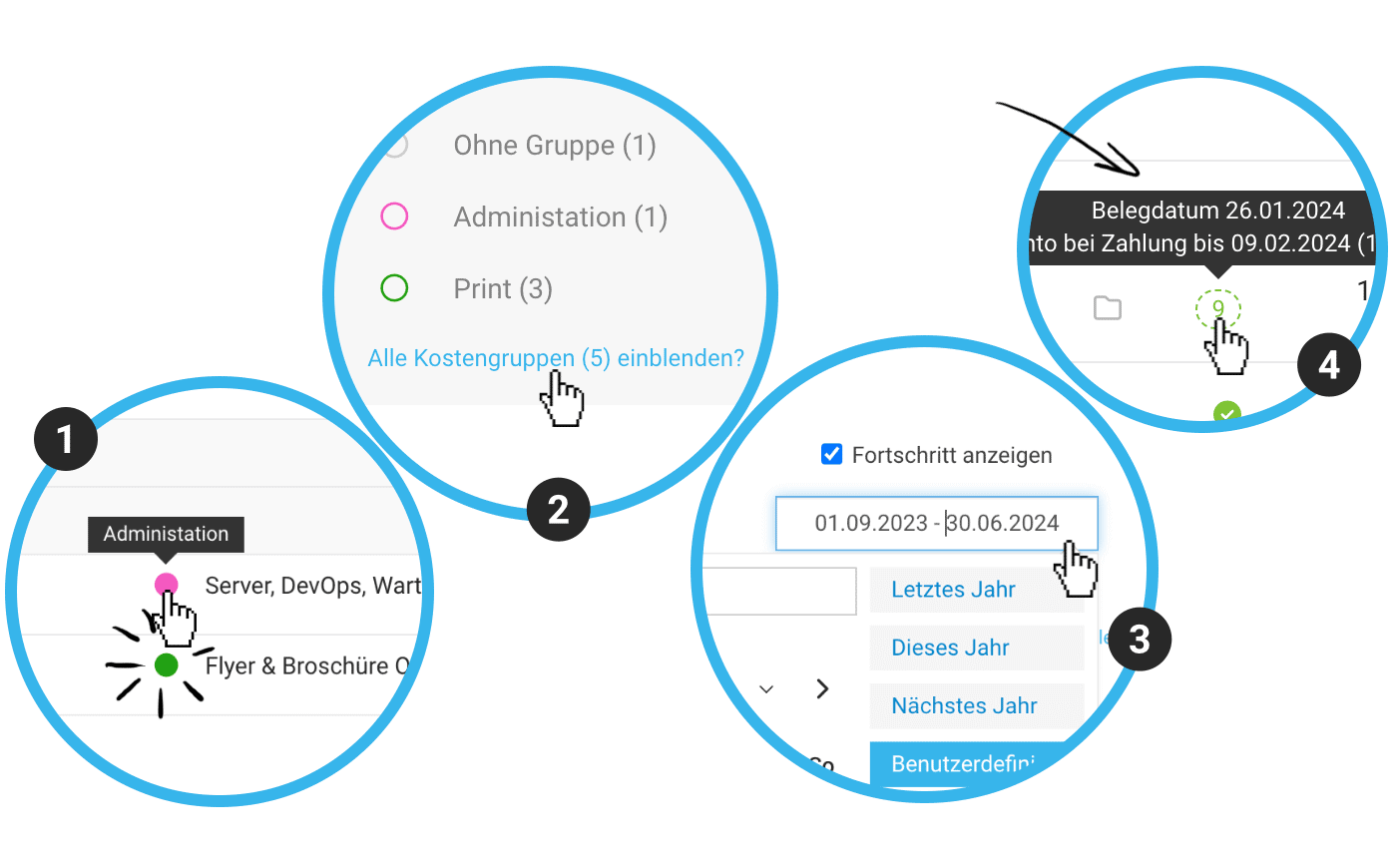 Quick Wins für einen besseren Flow Quick Wins zu Kostengruppen bei Zusatzleistungen, dem Projektfortschritt und Skonto für Ausgaben.