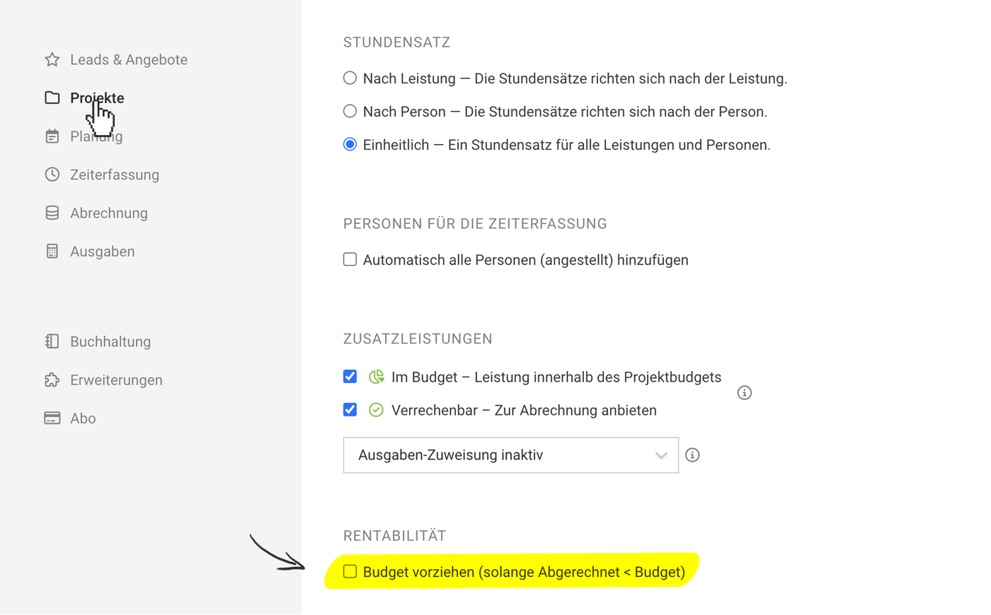 Software-Einstellung Projekte Rentabilität in MOCO Software-Einstellung Projekte Rentabilität in MOCO