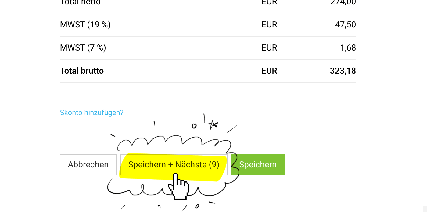 Button "Speichern + Nächste" in einer Ausgabe, um direkt zur nächsten Ausgabe zu springen.