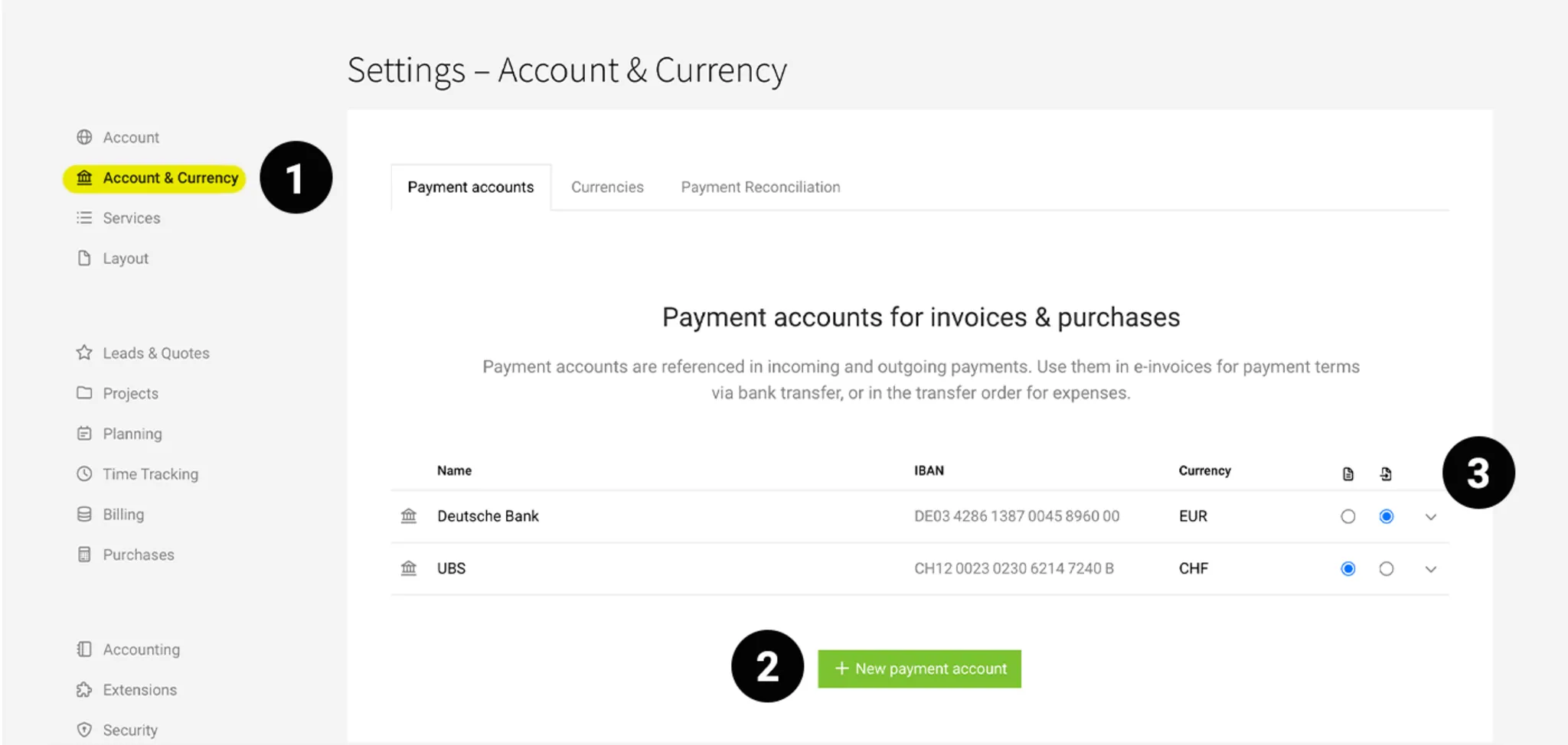 Set up MOCO payment accounts for invoices and purchases