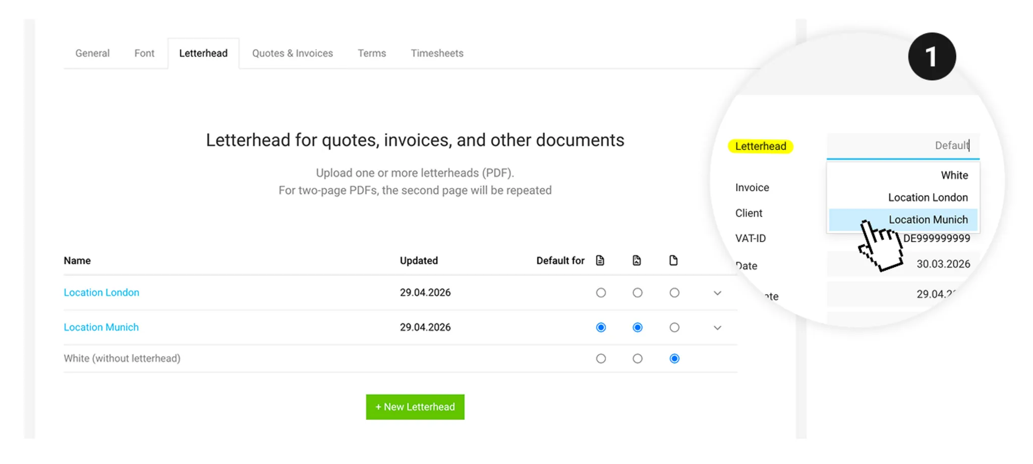 Screenshot of the MOCO invoice view showing the new “Letterhead” field in the info panel at the top right.