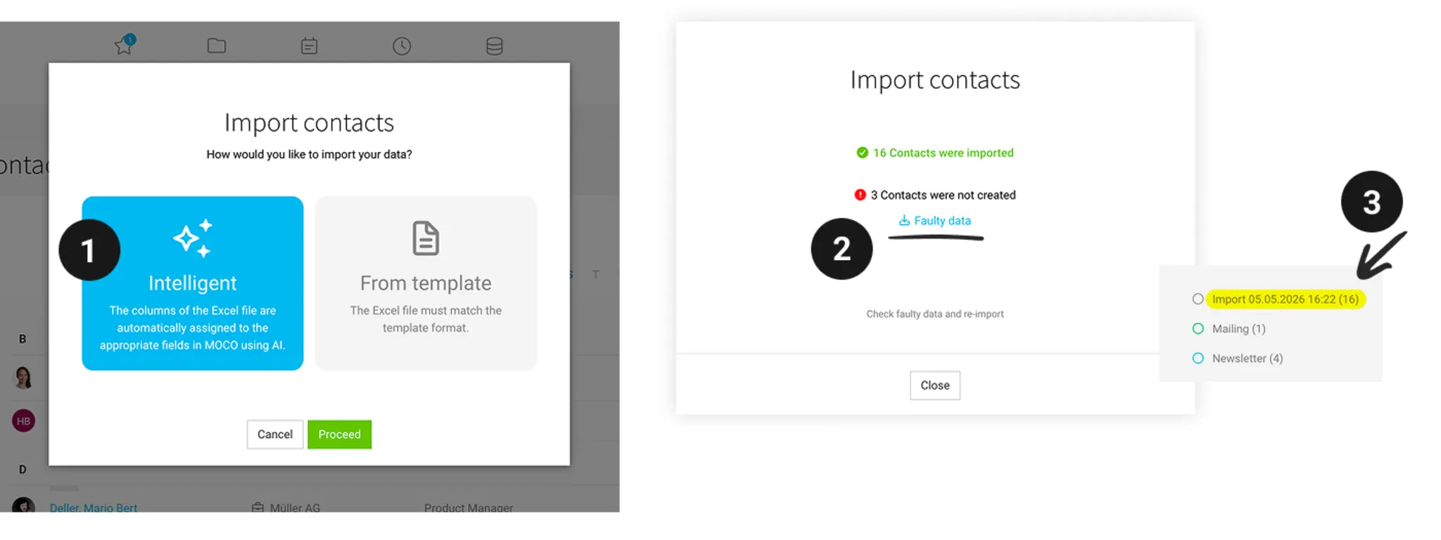 Intelligent Contact Import in MOCO – AI Matches Columns Automatically Screenshot of the MOCO interface: AI-powered contact import with automatic column matching, error download, and label feature
