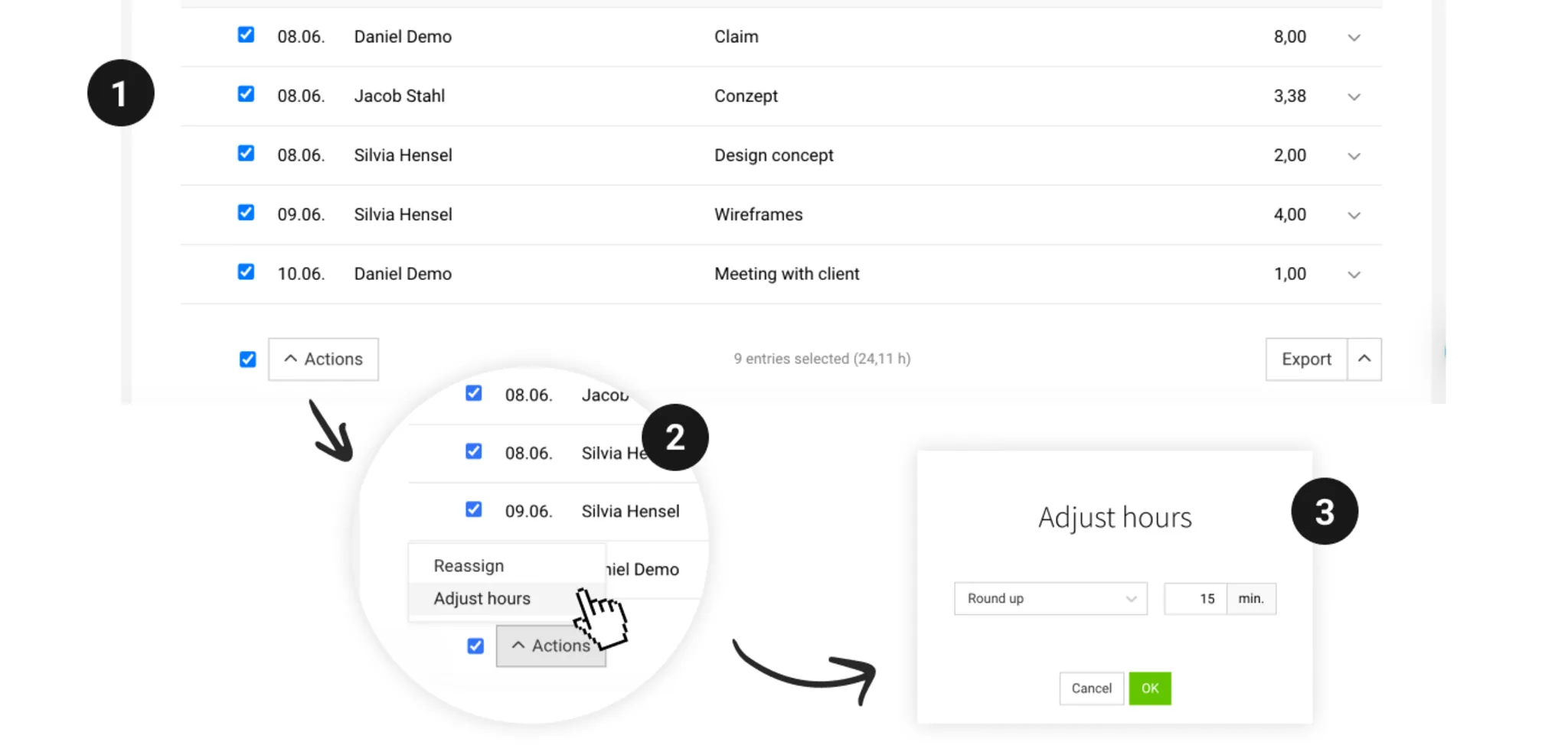 Adjust hours in MOCO: bulk action to round up or add an uplift to time entries before Billing.