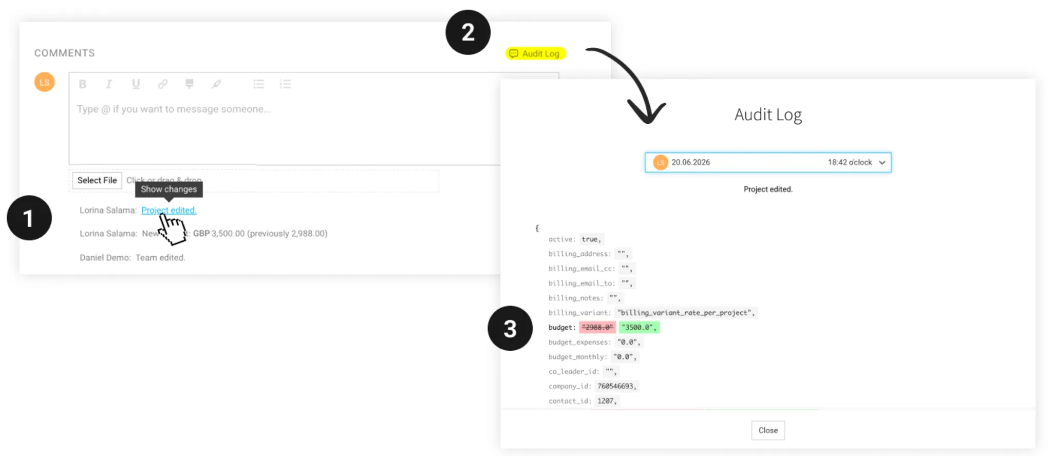 Screenshots of the MOCO Change Log: system comments with a before-and-after comparison for changed fields in companies, contacts, and purchases – additions marked in green and removals in red.