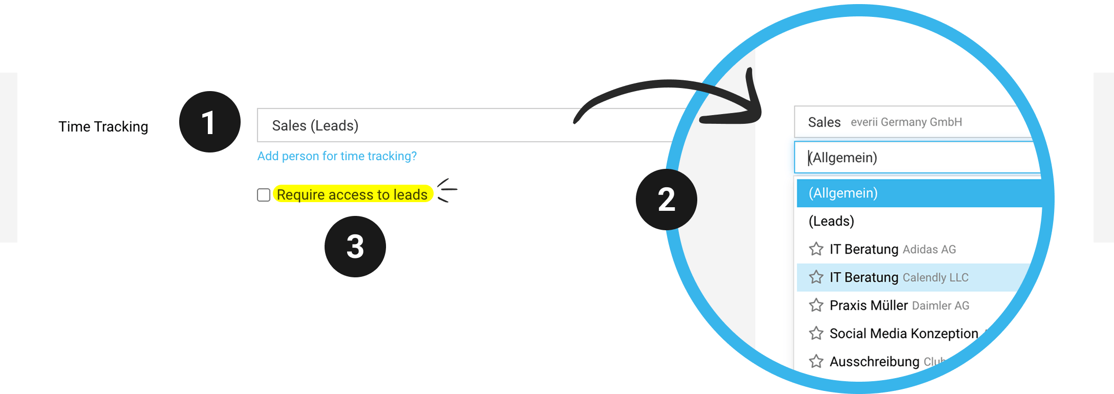 Screenshot der MOCO Einstellungen: Akquise-Projekt und Checkbox „Zugriff auf Leads voraussetzen" unter Einstellungen → Leads & Angebote