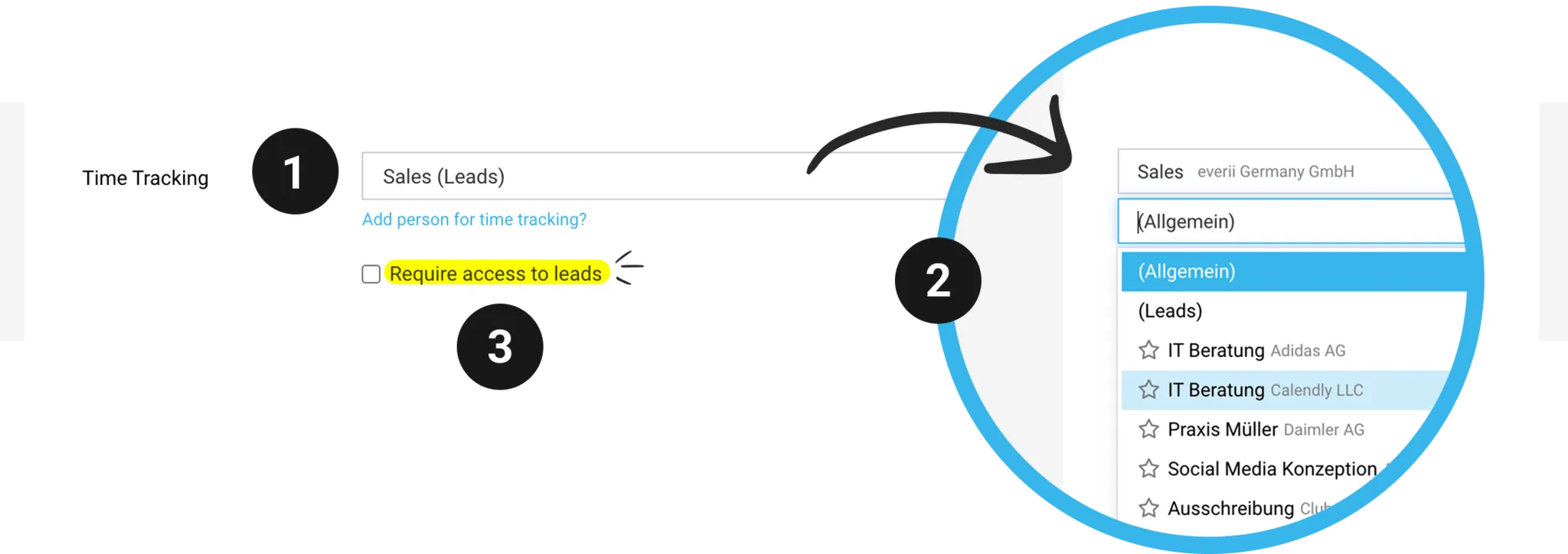 Screenshot of MOCO settings: acquisition project and the “Require Access to Leads” checkbox under Settings → Leads & Quotes
