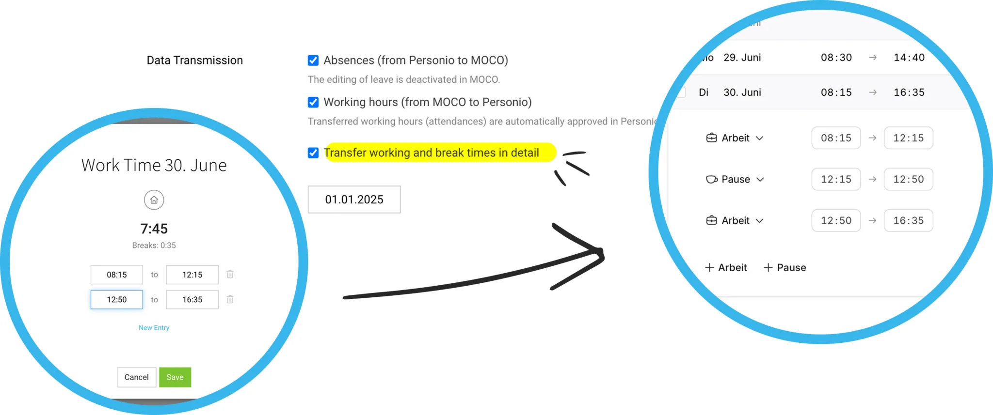 New Personio Integration Setting to Transfer Working and Break Times in Detail Screenshot of MOCO settings: checkbox “Transfer working and break times in detail” in the HR tab under Settings → Extensions