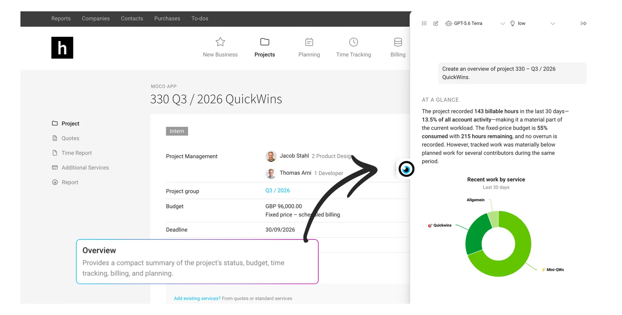 MOCO AI Overview for Projects, Clients, and People Screenshots of MOCO’s AI “Overview” feature showing concise summaries for projects, clients, suppliers, and people.