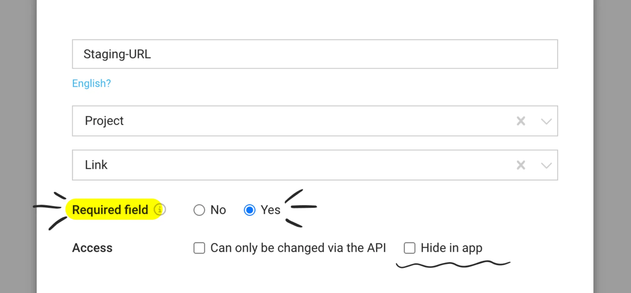 MOCO custom field settings showing options to make a field required or hide it in the app.