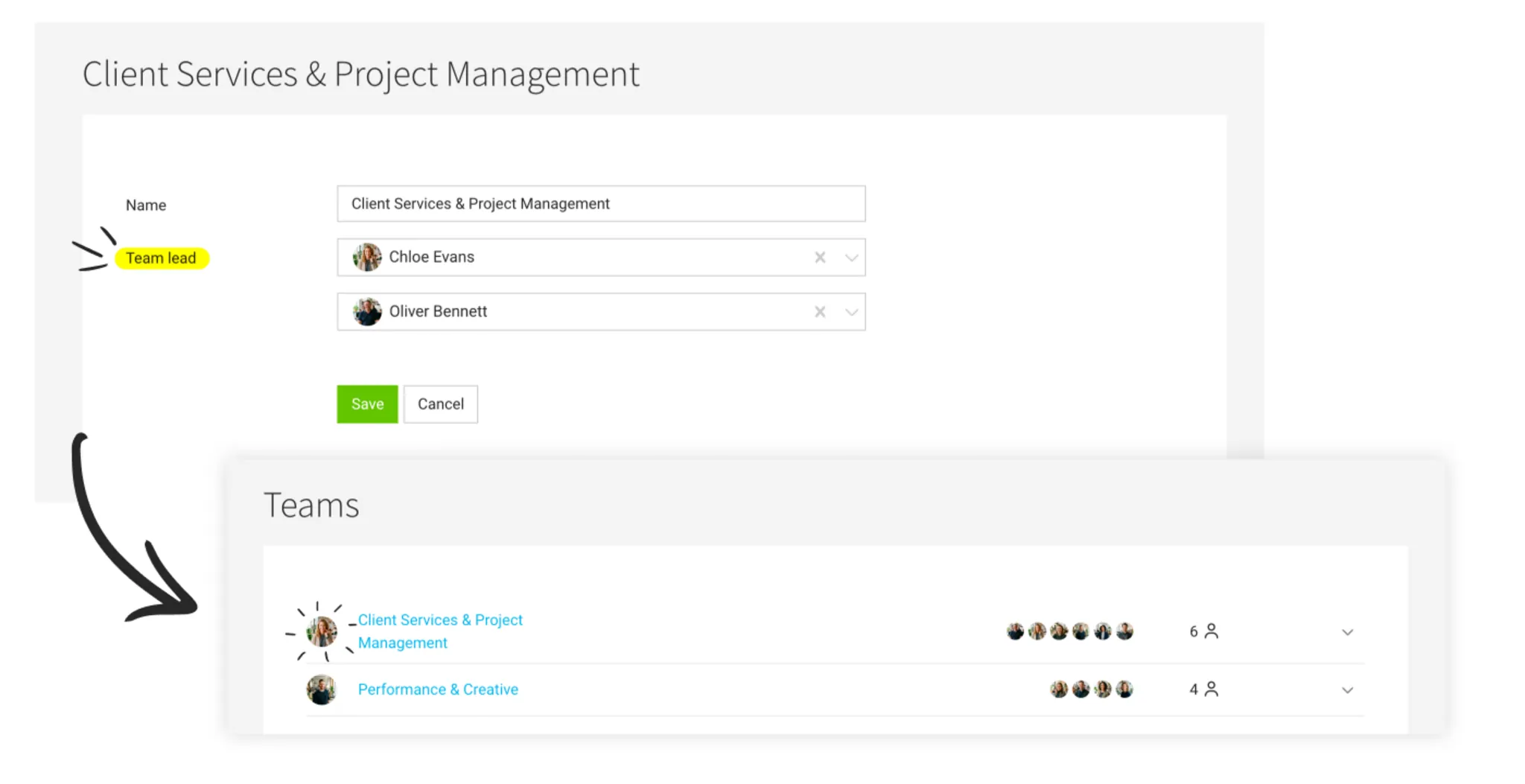 Screenshot of MOCO team management under People > Teams, showing the fields for a team’s first and second team lead.